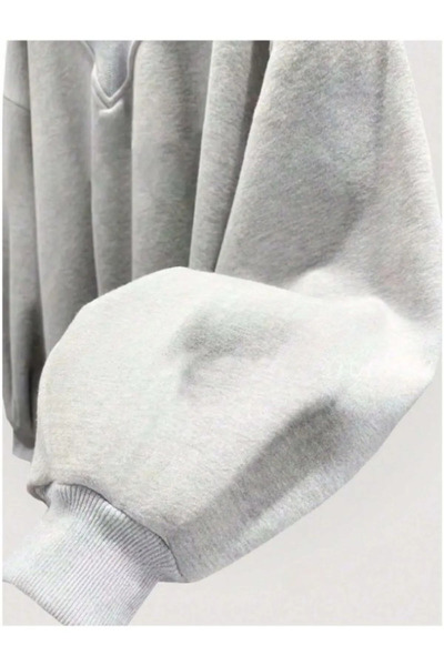 FUWEAR Gri Kadın V Yaka Detaylı Oversize Sweatshirt