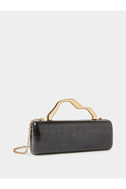 Styli Black Croc-Embossed Clutch with Gold Sculptural Handle