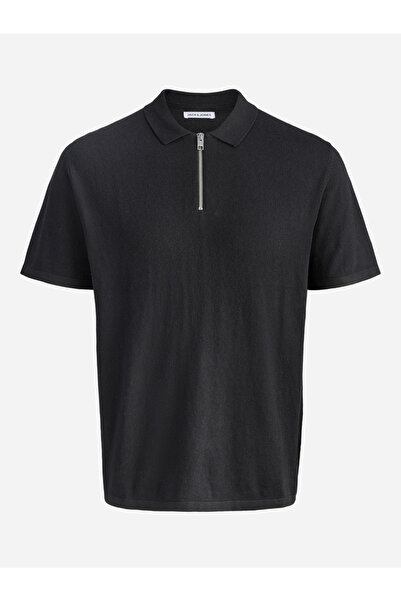 Jack & Jones قميص بولو أسود من القطن المحبوك بسحاب