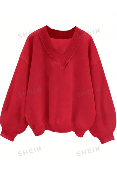 FUWEAR Kırmızı Kadın V Yaka Detaylı Oversize Sweatshirt