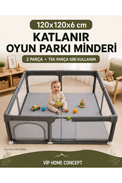 Vip Home Concept 120x120x6 cm Oyun Alanına Uygun Katlanabilir Sünger Oyun Parkı Minderi Bebek Yatağı-GRİ