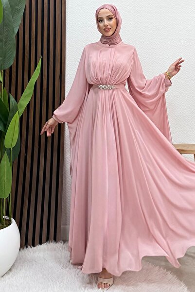GİYZAMİLA Pelerin Kol Şifon Abiye Soft Pembe