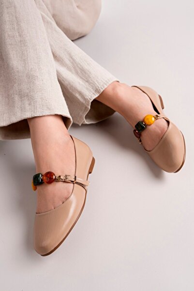 SEFERİ Women's Beige Comfortable Daily Ballet Shoes with Stone Top Decoration