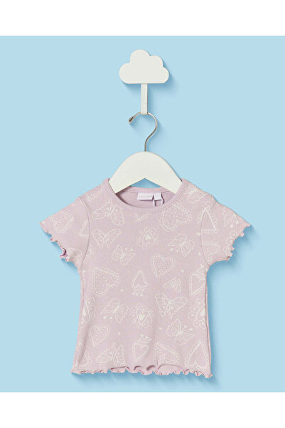 REDTAG Infant Girls Lilac Allover Printed Rib T-Shirt