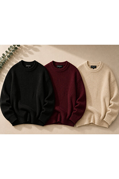 DepoExport Women's 3-Piece Crew Neck Oversize Knitwear Sweater Soft Knitted S...