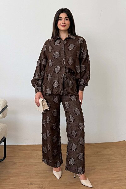 GİYSA Women's Patterned Shirt and Trouser Set Brown - 26K 6024
