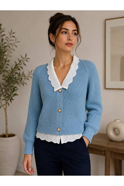 STF MODA Lace Detailed Thessaloniki Knitwear Cardigan