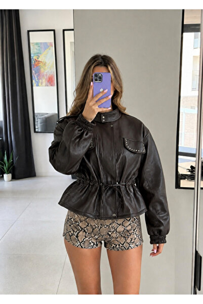 Ekim Store Drawstring Studded Double-Breasted Leather Jacket