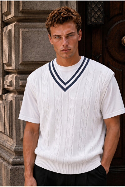 Valiberta Oxford Relaxed Fit Stripe Collar Braided V-Neck Men's Knitwear Swea...