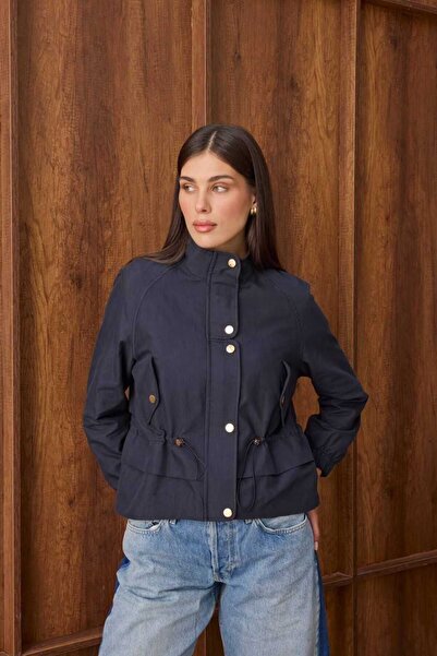 MEECY Women's Seasonal Jacket with Gathered Waist Detail and Gold Buttons
