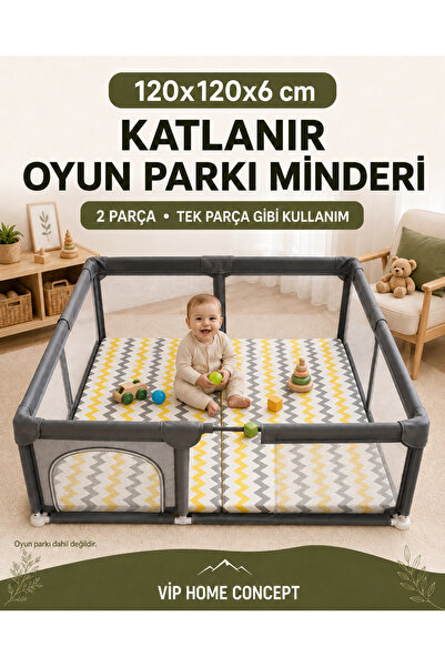 Vip Home Concept 120x120x6 cm Oyun Alanına Uygun Katlanabilir Sünger Oyun Parkı Minderi Bebek Yatağı-SARI GRİ ZİKZAK