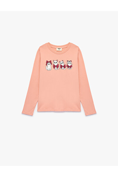 Koton Cotton Crew Neck Cat Printed Long Sleeve T-Shirt