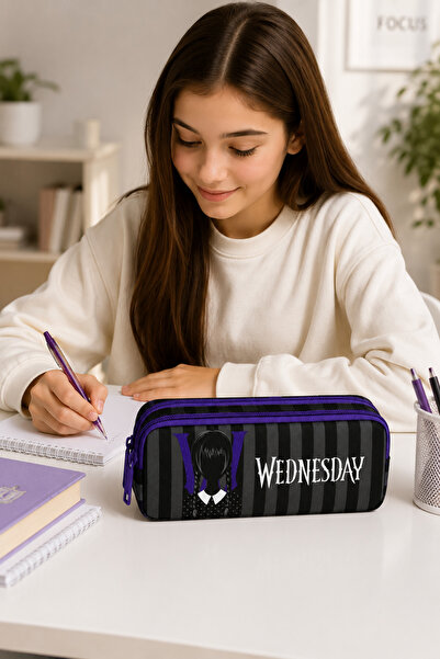 WEDNESDAY Penar pentru Fete, 2 Compartimente, Negru-Mov, Fermuar Dublu, 21x5,...