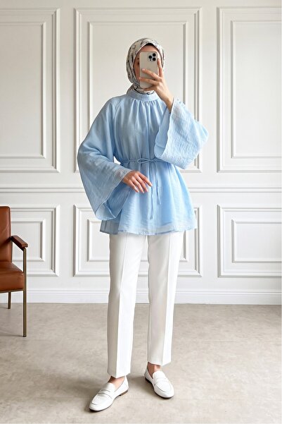 MODAQU Oversize Hakim Collar Belted Lined Lyocell Tunic - Baby Blue