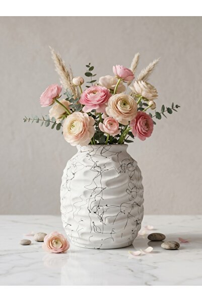 Adeem White Ceramic Vase with Black Semi-Circular Patterned Neck