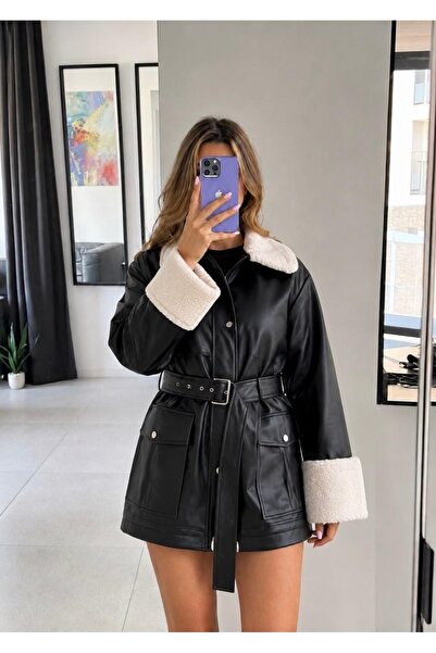 Ekim Store Belted Fur Collar Long Leather Coat