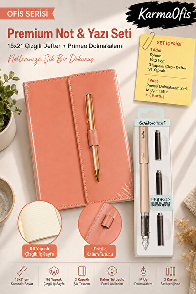 KarmaOfis Salmon Color 15X21 Pen, 3 Covers, 96 Sheets Lined Notebook and Prim...