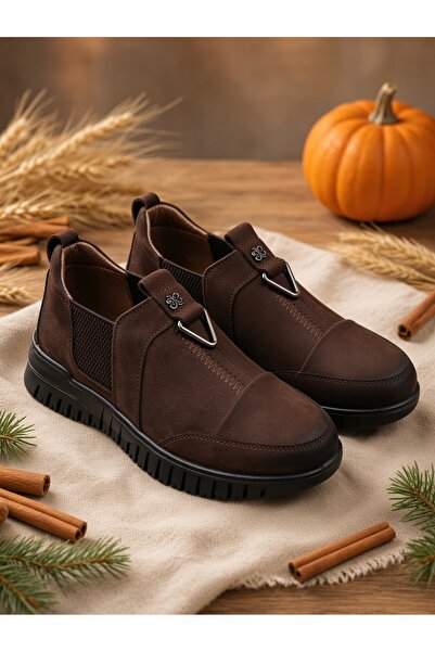 Kemal Aygün Women's Genuine Leather Orthopedic Sole Elastic Buckle Slip-On Shoes