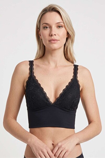 OBJE Women's Black Lace V-Neck Strap Bralet