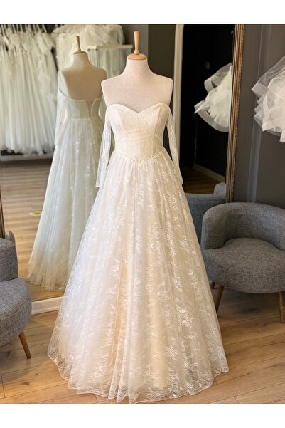 Lenta Wedding Krem Lez Dantel İnci Detaylı Sindirella Maxi boy Gelinlik ve Ni...