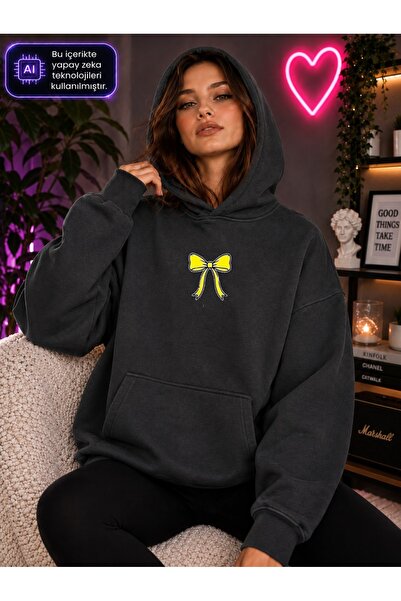 caddekombin Women's Minimal Yellow Ribbon Printed Hooded Kangaroo Pocket Cott...