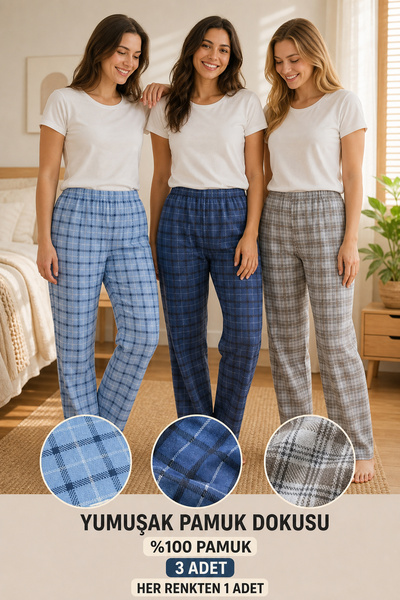 Nova Fuşya Lingerie Kadın %100 Pamuk Ekose Pijama Altı 3’lü Paket – 3 Farklı ...
