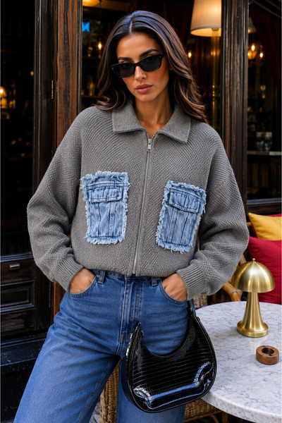 MAG STORES Women's Denim Pocket Detailed Zippered Knitwear Jacket – Casual an...