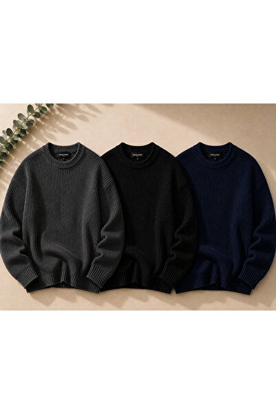 DepoExport Women's 3-Piece Crew Neck Oversize Knitwear Sweater Soft Knitted S...