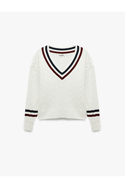 Koton Hair Braid Textured Ribbed V-Neck Long Sleeve Knitwear Sweater