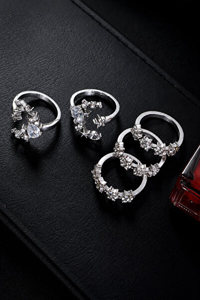 TREND COLLECTİON Women's Silver Color Multiple Ring Set with Snowflake and Moon Stone Model