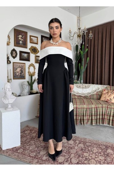 Dilek Vardar Siyah Kadın Piliseli Beyaz Madonna Yaka Uzun Kollu Elbise
