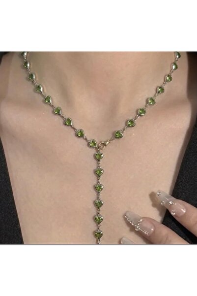 Heda Jewelry قلادة على شكل قلب أخضر - قلادة على شكل حرف Y قابلة للتعديل بطول ...
