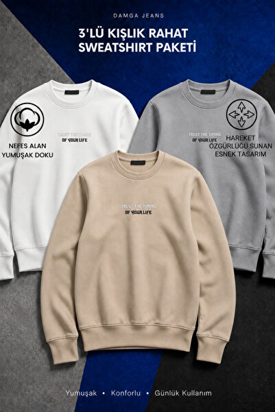 DAMGA JEANS 3 Pieces Men's Long Sleeve Printed Cotton Sweatshirt
