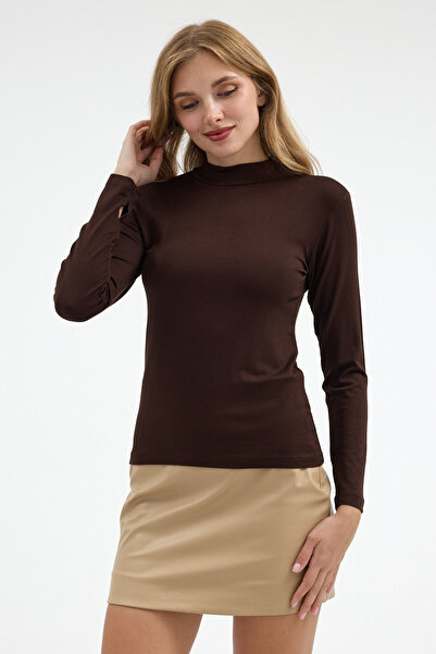 COMBİNE MİCHAİL Women's Half Turtleneck Basic Brown Blouse