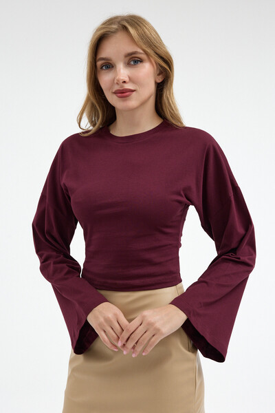 COMBİNE MİCHAİL Women's Basic Wide Sleeve Burgundy Crop Blouse