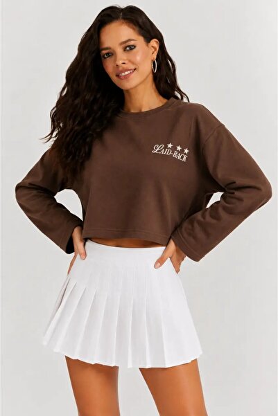 Cool & Sexy Star Printed Crop Sweatshirt - Brown