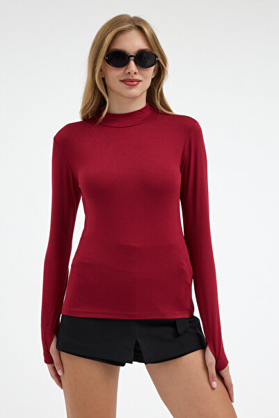 COMBİNE MİCHAİL Women's Half Turtleneck Basic Burgundy Blouse