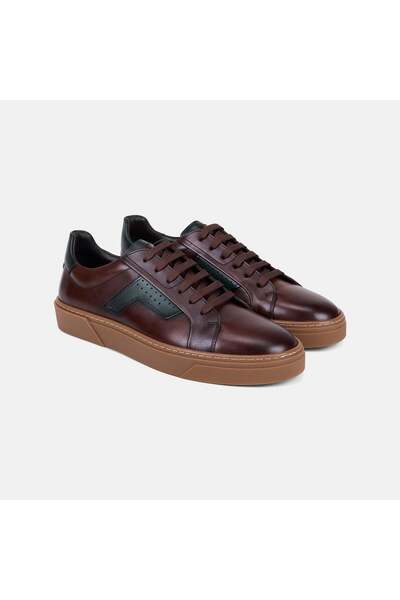 Desa Men's Brown Lace-Up Green Paneled Leather Sports Shoes