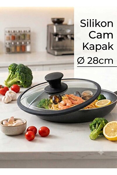 Funny Life 28 cm Silikon Çerçeveli Isıya Dayanıklı Cam Tencere ve Tava Kapağı...