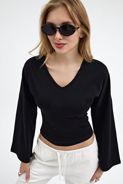 COMBİNE MİCHAİL Women's V-Neck Long Sleeve Tight Black Blouse