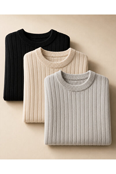 OTAKU 3-Pack Men's Basic Crew Neck Long Sleeve Knit Sweater