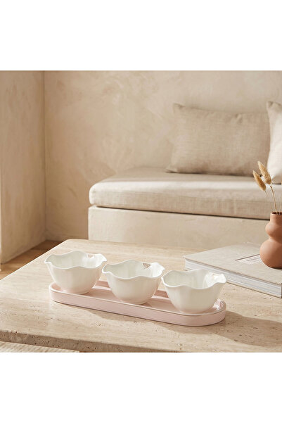 Lifestyle Butterfly Embossed 3-Piece Porcelain Serving Bowl Set with Tray