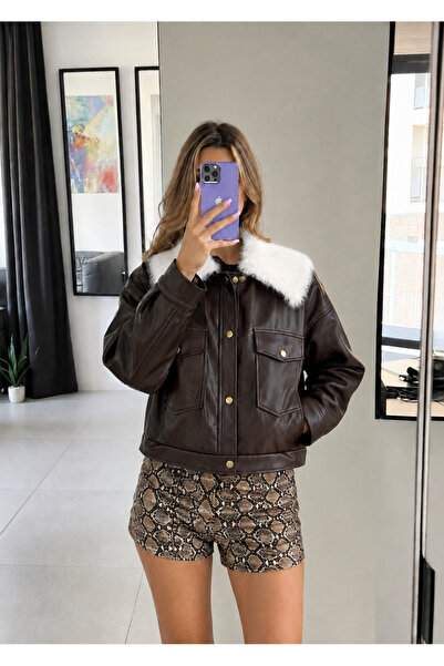 Ekim Store Leather Jacket with Fur Collar and Buttons