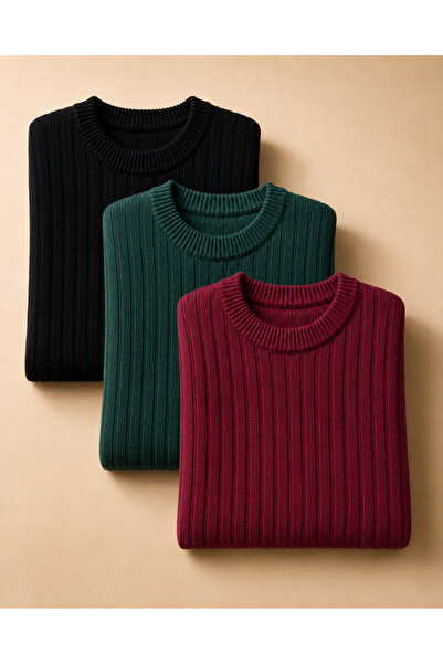 OTAKU 3-Pack Men's Basic Crew Neck Long Sleeve Knit Sweater