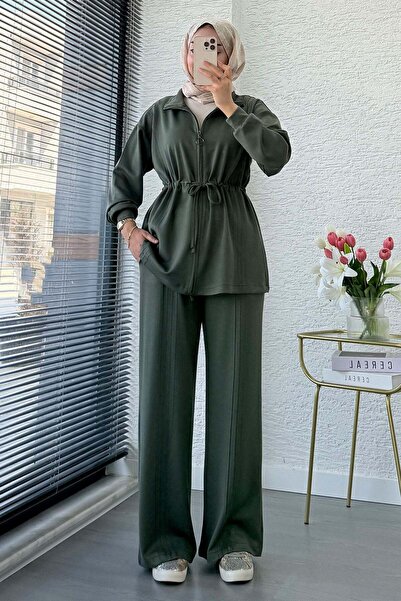 MELEK ARAZ Premium Drawstring Waist Cima Detail Double Face Trousers Set - Khaki