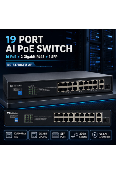 KR-S1718CFU-AP 19 Port AI PoE Switch – 16 PoE, 2 Gigabit RJ45 Uplink ve 1 SFP