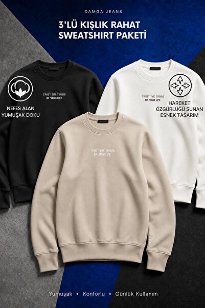 DAMGA JEANS 3 Pieces Men's Long Sleeve Printed Cotton Sweatshirt