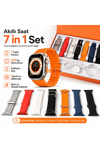 Hil Tech Eminönü Toptan Elektronik Watch 8 Ultra 7 Kordonlu 49mm Tam Ekran Sesli Arama Akıllı Saat Huawei İphone Xiaomi Samsung Uyumlu 7İN1 STRAP RENKLİ 2.08 inch Ekran