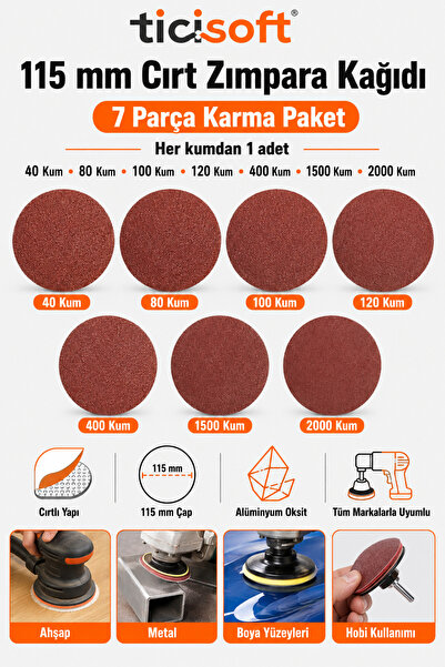 Ticisoft 115 mm Cırt Zımpara Kağıdı 7 Parça Karma Paket 40-80-100-120-400-150...