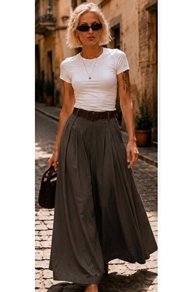 ibeeka Women's white flowy trousers skirt high waist belted loose fit